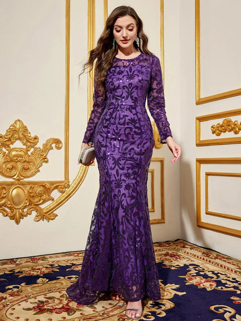 Party Dresses Luxury Women Sequin Dress Purple Round Neck Long Evening Dress Long Sleeved Dress Celebrity Evening Dress Glitter