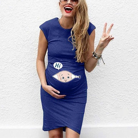 Summer Maternity Cartoon Baby Funny Print Dress, Casual Stretchy Short Sleeve Crew Neck Slim Fit Bodycon Long T-shirts