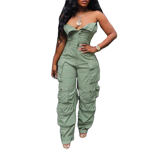 Women's Sexy Off Shoulder Tube Denim Cargo Jumpsuits Wide Leg Baggy Loose Jean Pants Rompers Overalls Control Too Pants