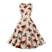 Retro Floral Print Summer Dress For Women Elegant Swing Rockabilly Party Dresses Sleeveless Casual Swing Evening Midi Dress