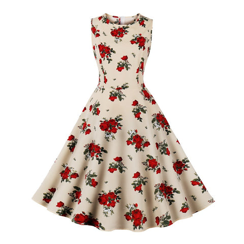 Retro Floral Print Summer Dress For Women Elegant Swing Rockabilly Party Dresses Sleeveless Casual Swing Evening Midi Dress