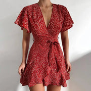 Women'S A-Line Dress V Neck Ruffled Waistband Wrapped With Printed Casual Dress Female Vintage Printing Casual Beach Dresses