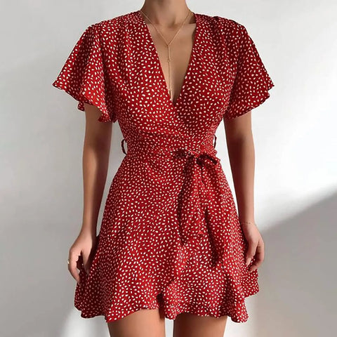 Women'S A-Line Dress V Neck Ruffled Waistband Wrapped With Printed Casual Dress Female Vintage Printing Casual Beach Dresses