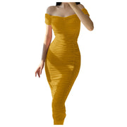 Elegant Pleated Bodycon Formal Dress Women's Off Shoulder Solid Color Gathered Slim Sexy Dress Women Girls Slim Birthday Dresses