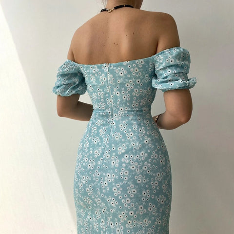 One Line Collar Holiday Dress Wrap Buttocks Slim Waist Dresses With Slit Temperament Chiffon Floral Dresses For Women Plus Size