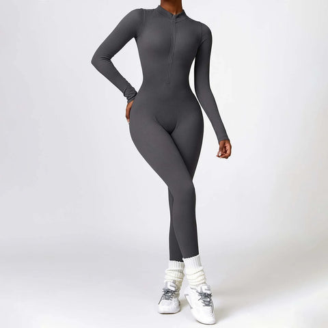 Women's Seamless Yoga Jumpsuit Long Sleeve Bodycon Playsuit Streetwear Tight Skinny Overalls Zip Up Fitness Jumpsuits For Women