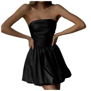 Charm Satin Dress For Women Puffy Spaghetti Strap Ruched Bubble Dresses Elastic Plus Size Vestidos Evening Party Chic Clothes