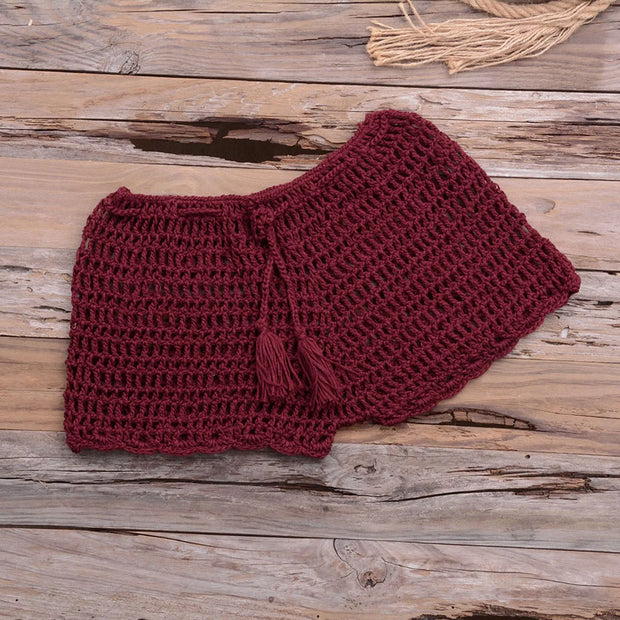 Women's Summer Solid Color Handwoven Crochet Bikini  Shorts Beach Swimming Pants Stretchable Strap Hollow Flat Corner Pants