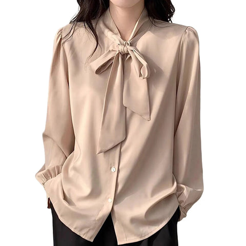 Business Shirts for Women Long Sleeve Slimming Satin Silk Blouse With Bow Tie Female Elegant High End Solid Color Blouse
