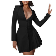 Women's Suit Dress Ladies Solid Color Sexy Button Deep V suit Collar Cardigan Mature Woman Style Short Ruffle Edge Dress