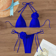 Halter 3D Rose Flower Decor Brazilian Bikini Women Sexy Low Waist Lace Up Split Two Pieces Swimwear Female Bathing Suits Swim