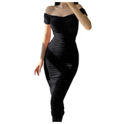 Elegant Pleated Bodycon Formal Dress Women's Off Shoulder Solid Color Gathered Slim Sexy Dress Women Girls Slim Birthday Dresses