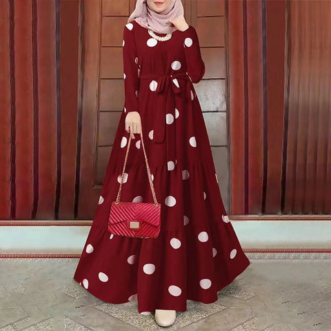 2025 Women Spring Muslim Dress Elegant Casual Loose Abaya Kaftan Sundress Long Sleeved Polka Dots Printed O-neck Maxi Robe