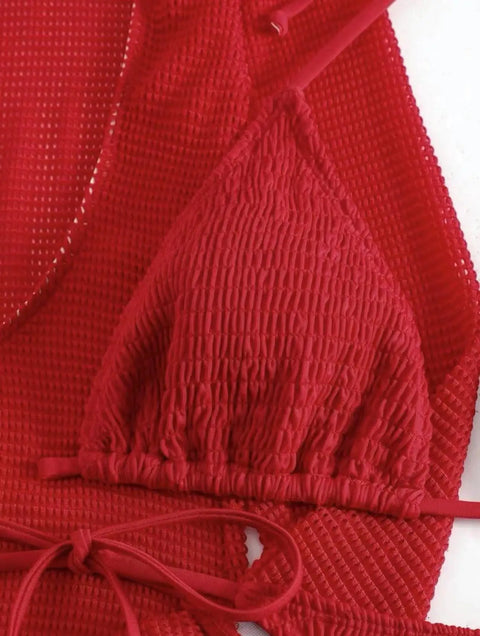 2025 Beach Skirt Swimsuit Women White Three-Piece Bikini Sexy Mesh Long Sleeve Hollow Out Bathing Suit Swimwear Summer Beachwear