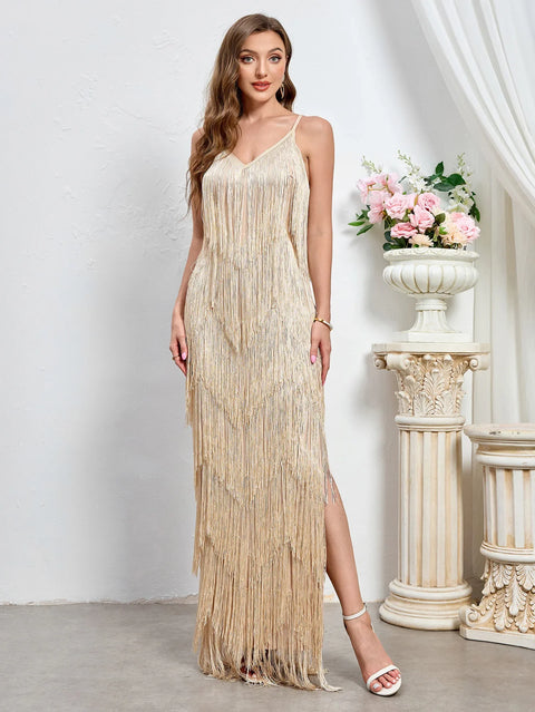 Celebrity Dresses Women Sexy Backless Tassels Dress V-neck Sling Gown High Waisted Slim Maxi Dresses New Chic Lady Party Evening