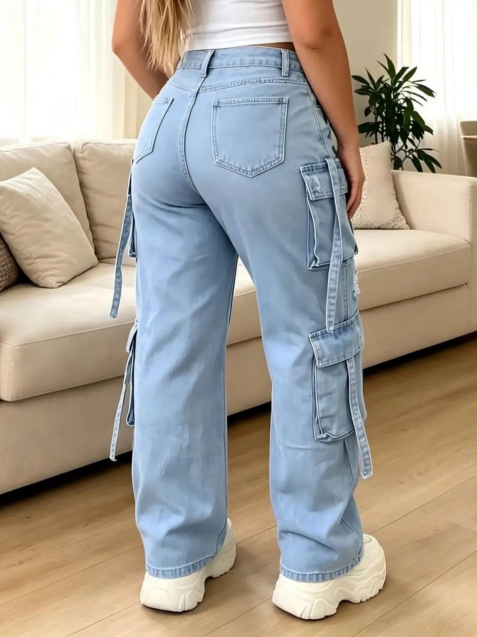 Light Wash Wide-Leg Cargo Jeans – view 2 of 8