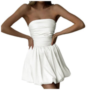 Charm Satin Dress For Women Puffy Spaghetti Strap Ruched Bubble Dresses Elastic Plus Size Vestidos Evening Party Chic Clothes