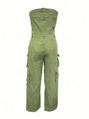 Solid Color Casual Overalls Jumpsuit, Sexy Straight Tube Tube Top Long Jumpsuit, With Pockets, Women's Wear
