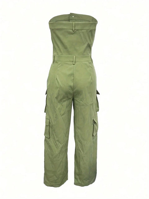 Solid Color Casual Overalls Jumpsuit, Sexy Straight Tube Tube Top Long Jumpsuit, With Pockets, Women's Wear