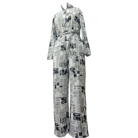 Women's Sexy Cardigan Shirt Neck Tie Long Sleeve Plus Size Jumpsuit Casual One Piece Pants Newspaper Print Harajuku Jumpsuit