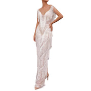 Womens Sexy Deep V Neck Feather Tassel Dress Summer Sleeveless Elegant Fringed Party Long Dress Vestidos De Fiesta 