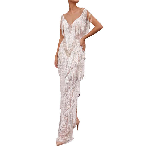 Womens Sexy Deep V Neck Feather Tassel Dress Summer Sleeveless Elegant Fringed Party Long Dress Vestidos De Fiesta 