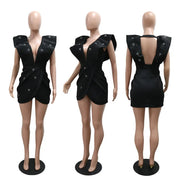 Women V-neck Petal Sleeveless Mini Dress Diamonds Ruched Bodycon Dresses Sexy Night Party Vestidos Fashion Evening