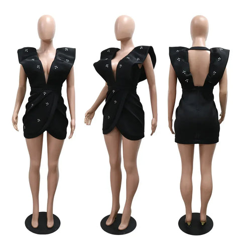 Women V-neck Petal Sleeveless Mini Dress Diamonds Ruched Bodycon Dresses Sexy Night Party Vestidos Fashion Evening