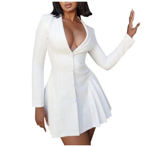 Women's Suit Dress Ladies Solid Color Sexy Button Deep V suit Collar Cardigan Mature Woman Style Short Ruffle Edge Dress