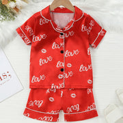 Kids Pajamas Set Silk Satin Kids Boys Girls Sleepwears Outfits Set Print Sleepwear Short Sleeve Blouse Tops+Pants 2PCS Pijamas