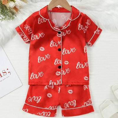 Kids Pajamas Set Silk Satin Kids Boys Girls Sleepwears Outfits Set Print Sleepwear Short Sleeve Blouse Tops+Pants 2PCS Pijamas