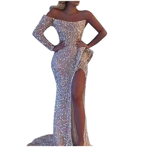 Elegant Sparkly Sequins Dresses Women 2023 Fashion Mermaid Slash Neck One Shoulder Wedding Prom Dress Slim Split Evening Dress