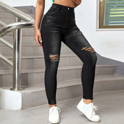 New In Women Fashion Mid Waist Ripped Hole Jeans Casual High Street Denim Pants Sexy Frayed Slim Fit Pencil Pants for Women