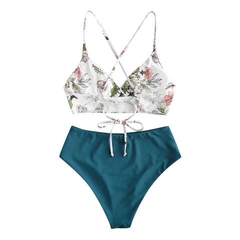 Summer Swimwear Women Bikini Sets Floral Printed Bandage Bathing Suits With Bra Padded Monokini Holiday Conservative Swimsuits