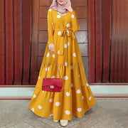 2025 Women Spring Muslim Dress Elegant Casual Loose Abaya Kaftan Sundress Long Sleeved Polka Dots Printed O-neck Maxi Robe
