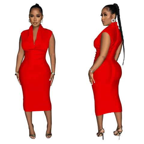 Women Draped Deep V-neck Sleeveless Bodycon Bandage Midi Dress 2023 Fashion Street Vestidos Sexy Party Evening Dresses