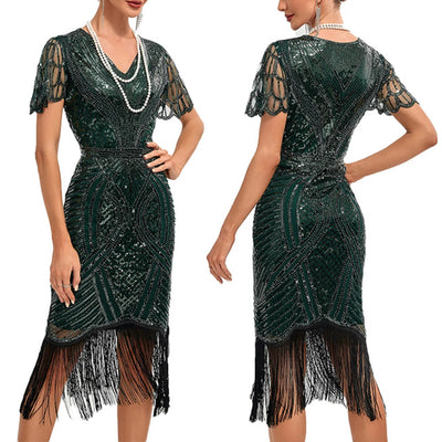 Vintage Great Gatsby Party Cocktail Dress for Women Short Sleeve V-Neck Sequin Tassel Prom Club Dress 1920s Fringe Vestidos