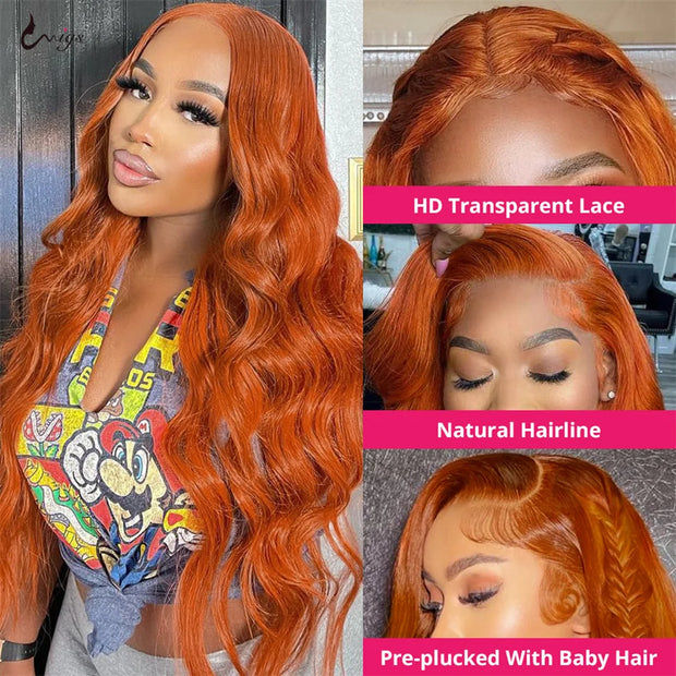 Wiggogo Body Wave Orange Ginger Lace Front Wig 100% Human Hair 30 36 Inch 13X6 Hd Lace Frontal Wigs 13X4 Brazilian Colored Wigs