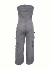 Solid Color Casual Overalls Jumpsuit, Sexy Straight Tube Tube Top Long Jumpsuit, With Pockets, Women's Wear