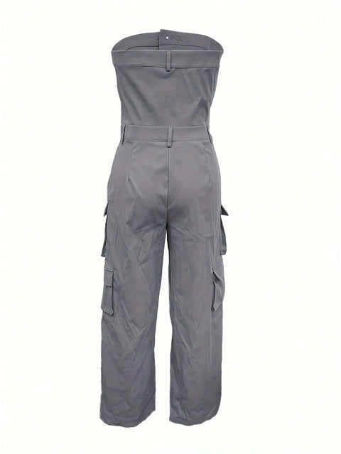 Solid Color Casual Overalls Jumpsuit, Sexy Straight Tube Tube Top Long Jumpsuit, With Pockets, Women's Wear