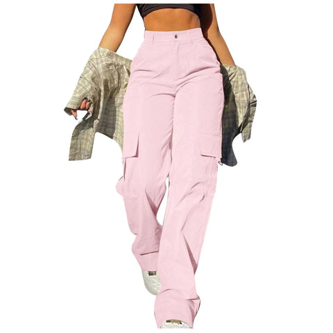 Women's Loose Cargo Pants High Waist Wide Leg Solid Color Full Length Trousers with Pockets Casual All Seasons Long Pants