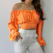 Women Sexy Off Shoulder Long Sleeve Top Self Tie Knot Crop Top Blouse Solid Color WoMen's Blouses Y2k Female Summer Shirts 블라우스