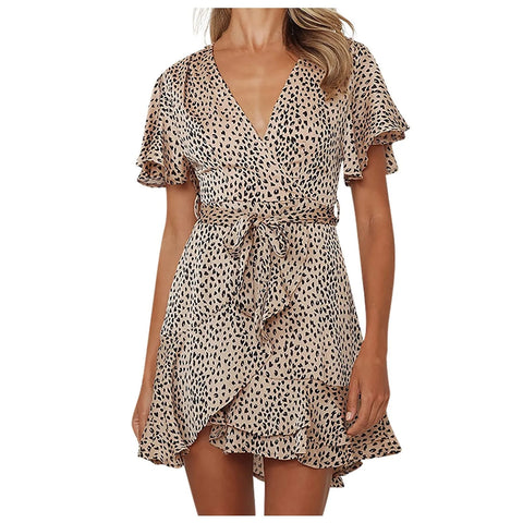 Women'S A-Line Dress V Neck Ruffled Waistband Wrapped With Printed Casual Dress Female Vintage Printing Casual Beach Dresses