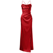 Female Dress Corset Sexy Satin Slim Women'S Dress Up Strap Silky Women Ruched Fishbone Push Long Evening Party Autumn