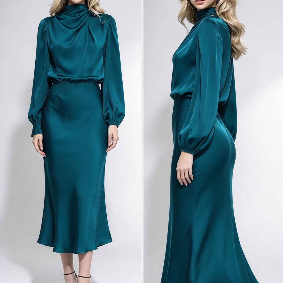 Draped High-Neck Satin Midi Dress – view 6 of 8