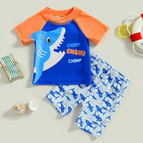 2023-02-04 Lioraitiin 0-5Years Kids Boys Two Piece Swimsuits Short Sleeve Shark Print Rash Guard Shorts Set Swimwear