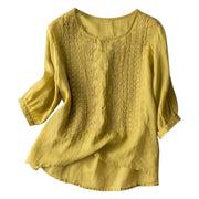 Cotton Linen Blended Summer Blouse Women Embroidered Floral Thin Long Sleeve Blouses Round Neck Loose Female Top
