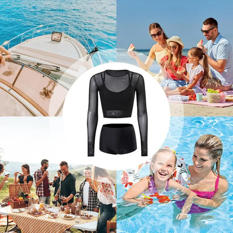 Bikini Sets For Women 3Pcs Soft Swimsuits Bikini Set With Sun Protection Blouse Elastic Comfort Polyester Swimwear For Honeymoon