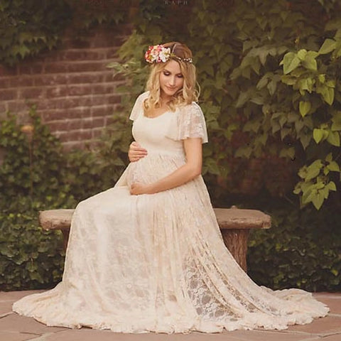 Maternity Lace Dress Women's Pregnancy Ruffles Short Sleeved Long Dress Elegant Photography Solid Color Dress PhotoShoot Dress