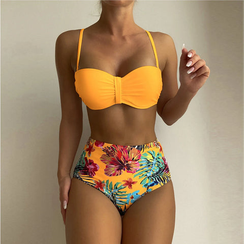 Floral Push Up Bikini Bandeau Swimsuit Women 2025 Swimwear Female High Waisted Bikinis Set Sexy Swim Wear For Woman Bathing Suit